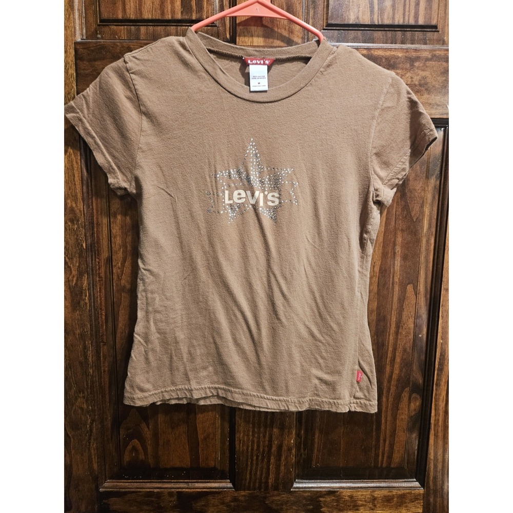 Vintage Levis Womens Rhinestone Star Graphic Tee Brown Y2K Baby Tee Shirt M